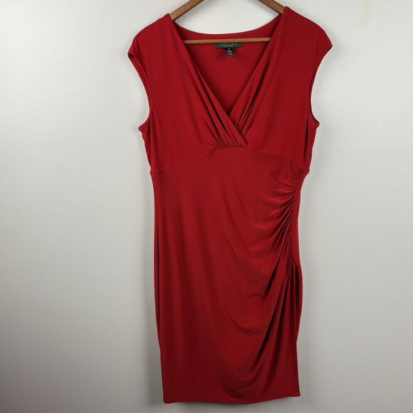 LAUREN Ralph Lauren Womens Size 10 Red Faux Wrap Ruched Side Sleeveless Dress - Picture 2 of 10